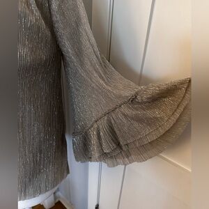 VanessaVirginia XSP metallic silver micro pleat top, fully lined, v neck.